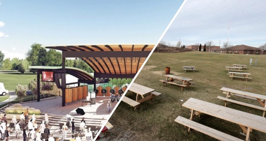 Amphitheater design from the Derby Informer
(left). Current view of Oakwood Square’s open space (right).