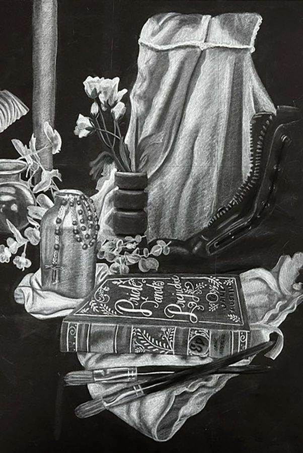 still life black and white charcoal