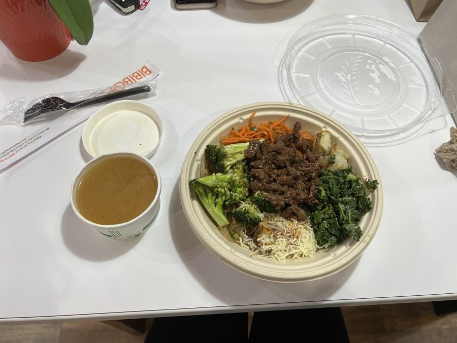 Junior Lydia Ayers dinner with sweet potato noodles, steak, potatoes, broccoli, carrots, cheese and teriyaki sauce.