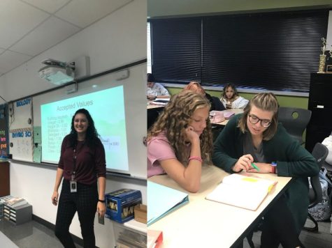 Left: Student Council Advisor Natalia Kellamis shows off the experiment instructions on her board for her students.
Right: Student Council Advisor Hailey Hoover shows student upcoming information in their textbook. 