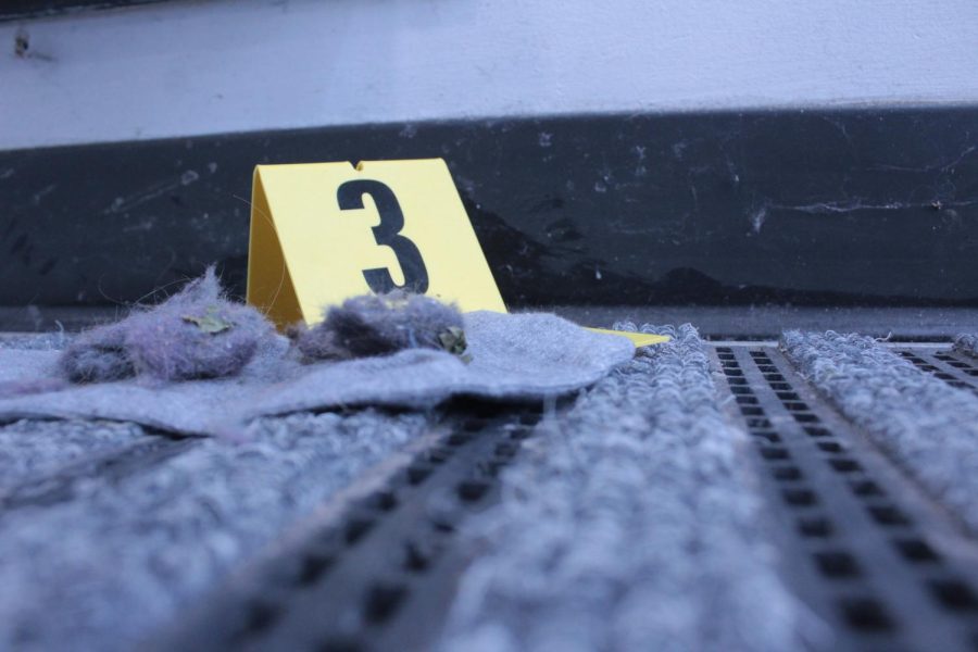 Crime scene three, a sock covered in lint. Forensics students went around to crime scenes around the building to gather evidence.  “I set up crime scenes around the building a labeled them.  Students were learning how to handle and collect trace evidence,” teacher Julie Anthony said. 

