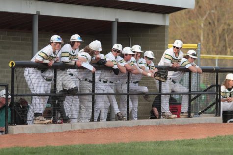 Varsity baseball team  cheers on their teammates from the dugout. 
Eagle photo by Mia Russo