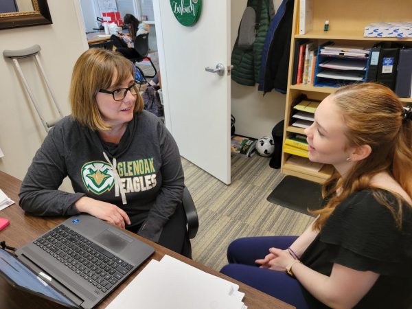 Guidance counselor Kristen Zurbach talks with junior Alex Watlz about scheduling decisions and future plans.