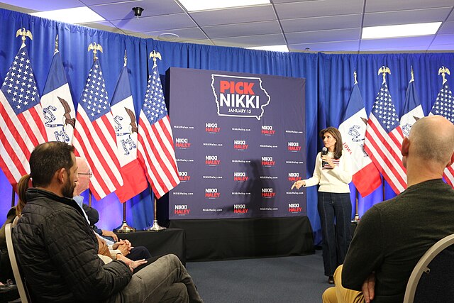 Republican Candidate Nikki Haley speaks to supporters ahead of Iowa Caucus.





