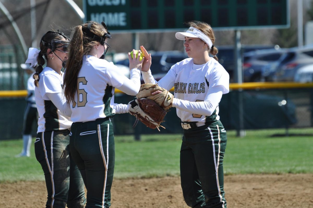 GlenOak softball players join together after a play.