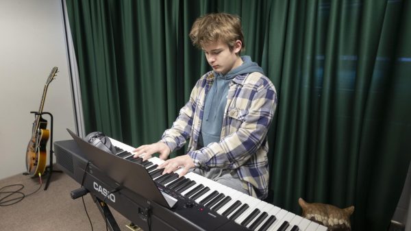 Senior Zachary McGregor works on a project in his music production career tech. 