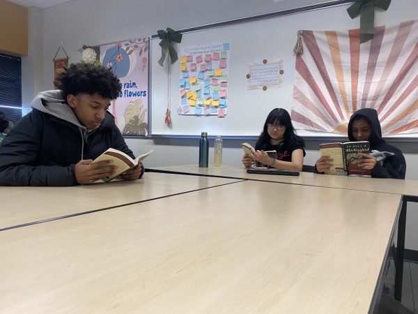 Jonah McLendon, Katie Druga, and Brooklyn Johnson read To Kill a Mockingbird in Ms. Cunningham's class.