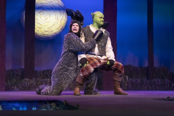 Donkey, played by Dradyen Chapman, and Sherk played by Quinn Fogarty, during dress rehearsal on Wednesday evening.  Sherk the musical will be performed Thursday, Friday and Saturday. 