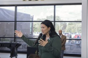 Mary Beddell, Director of Public Relations for Plain Local Schools, introduces the first group discussion prompt during the Futures Conference on Sept. 3.