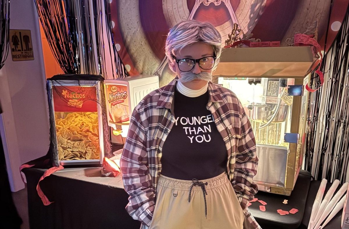 English teacher Jessica Rockick is known for her styled spirit and Halloween costumes.  Here she is dressed as an old man.