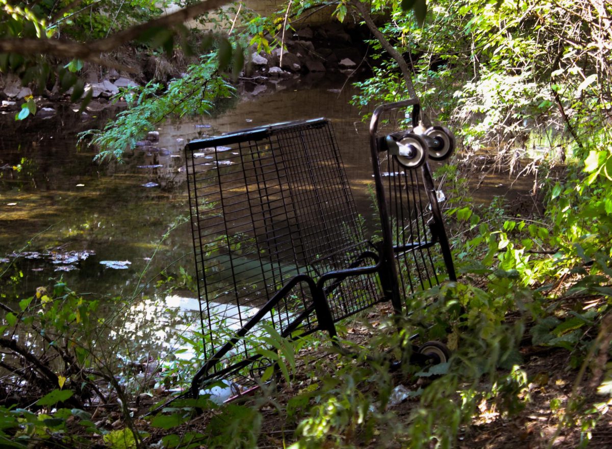 An abandoned shopping cart lies next to a river near an encampment in Canton