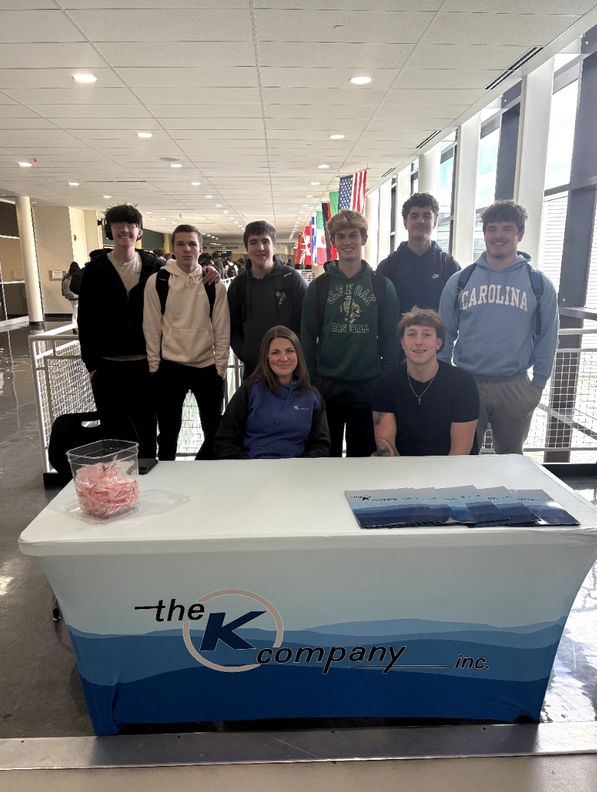 The K-company visited at GlenOak High School to talk to students about job opportunities in the HAVAC industry.
Front row: Jessica Davenport and graduate Mason Olbon who works for K-Company.  Back row: Steven Uhrin, Zander Murphy, Parker Davenport, Logan Kozma, Connor Wilson, and Matt Rekstis. 