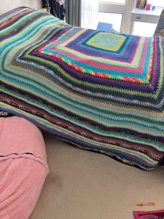 Liliestedt's massive crocheted blanket. She claims it took her hundreds of hours to make.