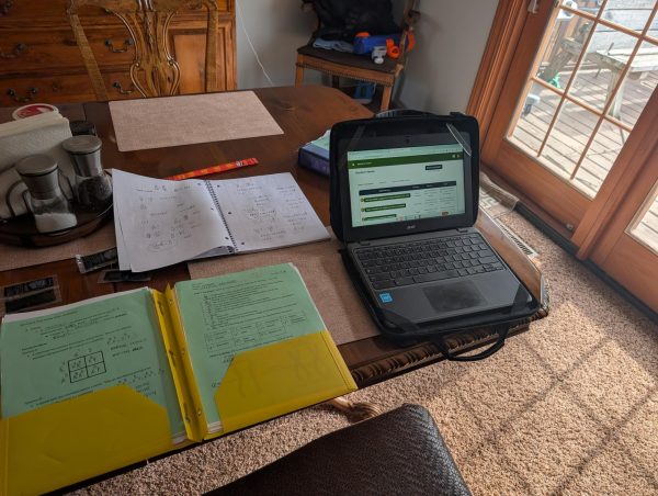 At home trying to juggle every assignment in order to finish on time.