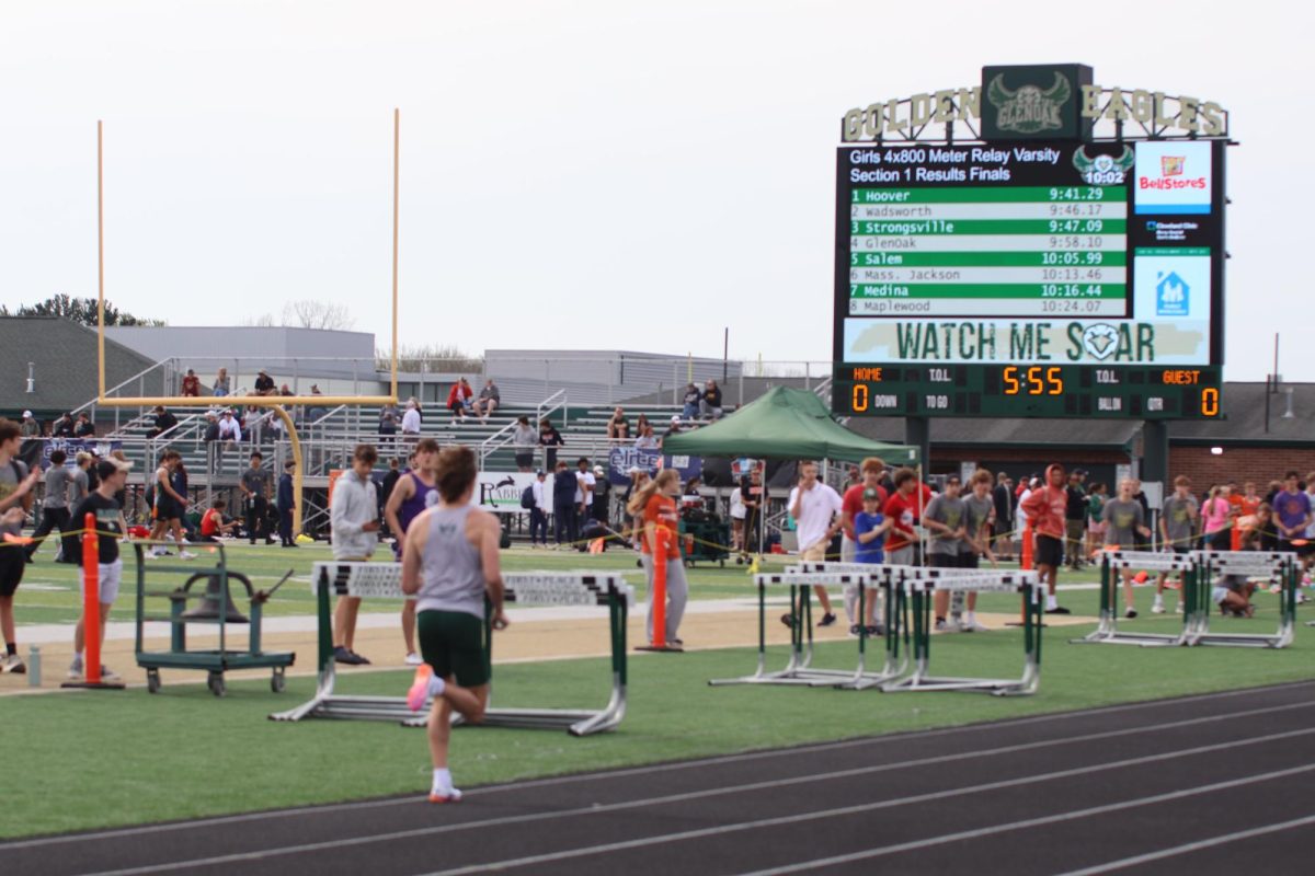 Senior Sean Lynch runs his portion of the 4X800 meter relay at the EagleElite track meet. 