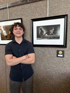 Lon Wright pictured with his artwork. Wright accepted the Top 25 Medal and award certificates of achievement for his four works of art selected for this Ohio Governor’s Youth Art Exhibition. Additionally, Lon received a $1300 scholarship to attend a 3-week art camp at the Art Academy of Cincinnati this summer.